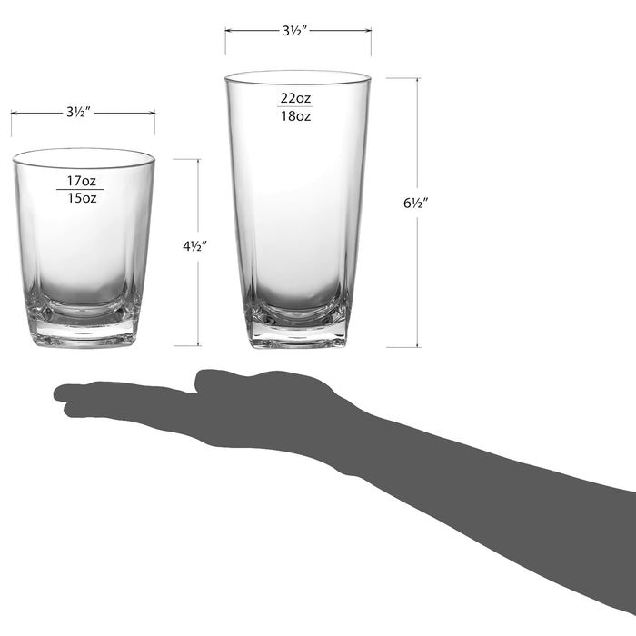 Red Co. Set of 12 Heavy Duty Clear Classic Acrylic Outdoor Mixed Drinkware Tumblers, 17 Fl Oz Lowball and 22 Fl Oz Highball Glasses