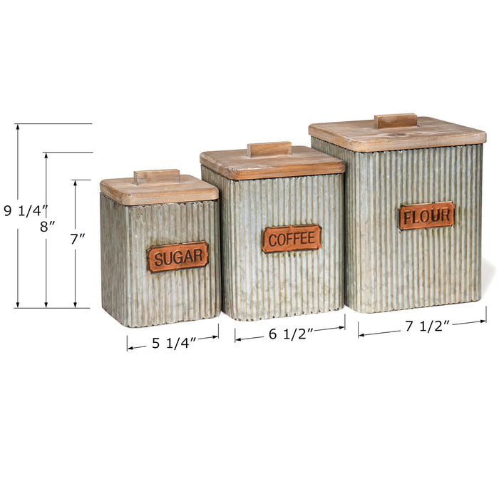 Red Co. Set of 3 Pre-Labeled Sugar, Coffee & Flour Distressed Metal Storage Canister Jars with Wooden Lids