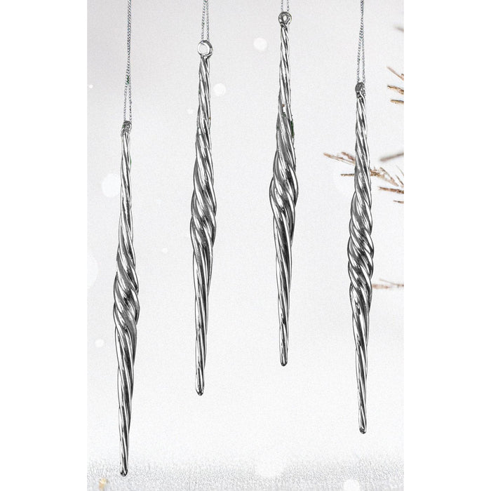 Red Co. Set of 4 Decorative 7” Silver Glass Twist Icicle Hanging Christmas Tree Ornaments
