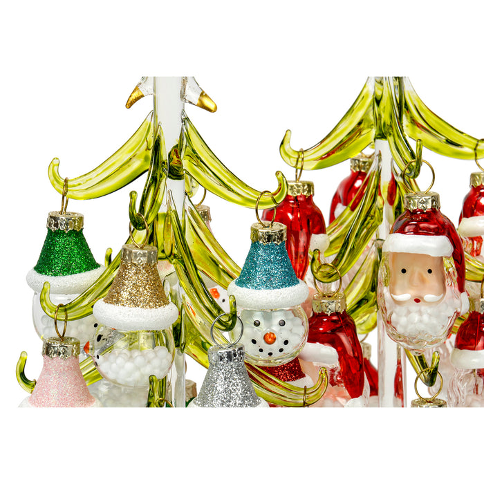 Red Co. Set of 2 Green Glass 8" Christmas Tree Tabletop Display Decorations with 12 Santa & Snowmen Ornaments