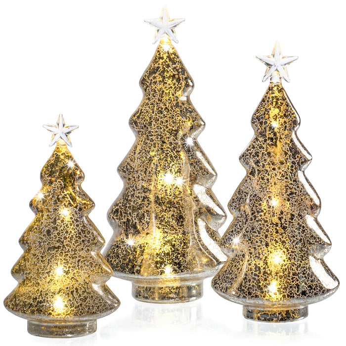 Red Co. 8.5”, 11”, 12.5” Light-Up Clear Glass Christmas Tree Tabletop Display Figurine Set of 3 Sizes, Mercury Gold