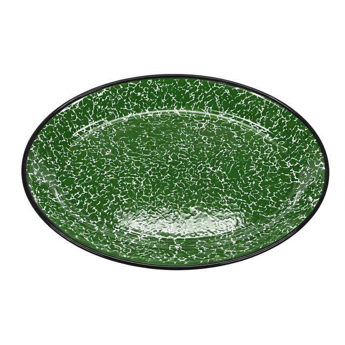 Red Co. Enamelware Metal Classic 13" Serving Oval Tray Platter, Dark Green Marble/Black Rim - Splatter Design