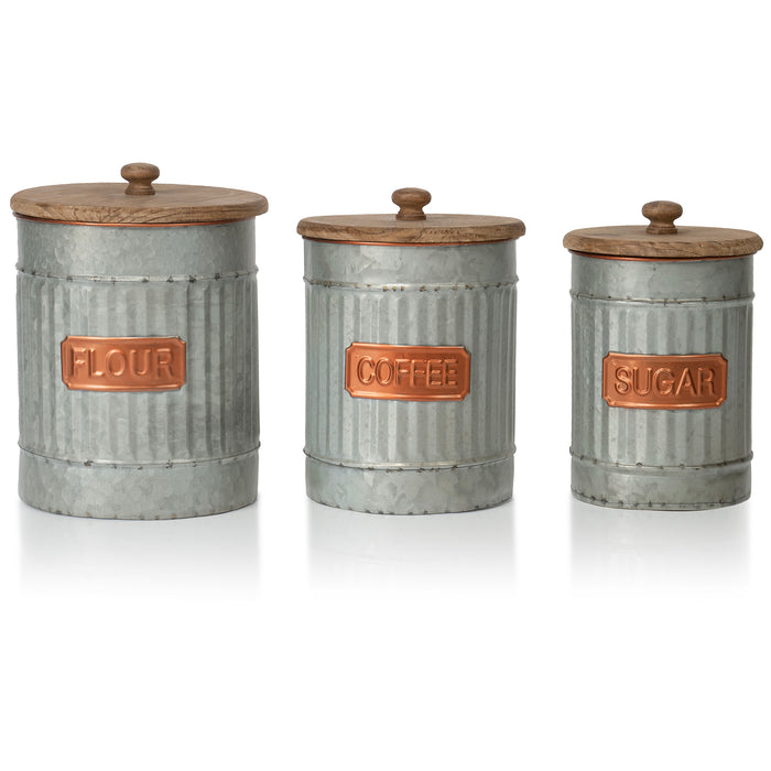 Red Co. Set of 3 Sizes Flour, Coffee, Sugar Corrugated Storage Canister Jars with Lids, Distressed Metal & Wood