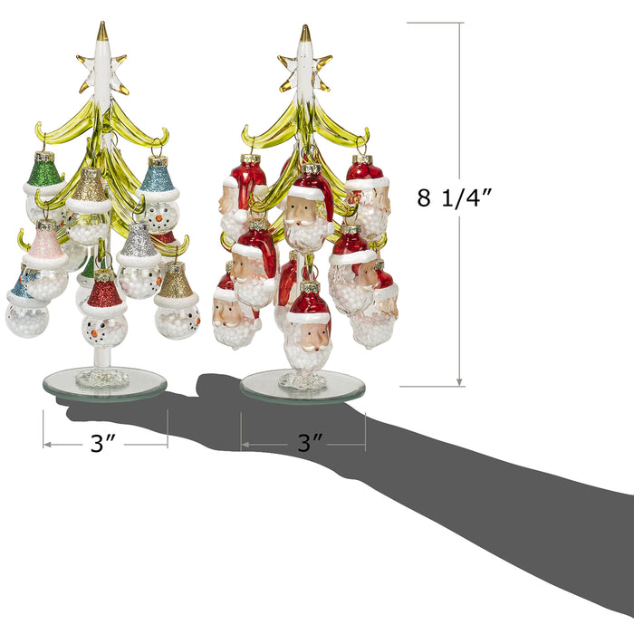 Red Co. Set of 2 Green Glass 8" Christmas Tree Tabletop Display Decorations with 12 Santa & Snowmen Ornaments