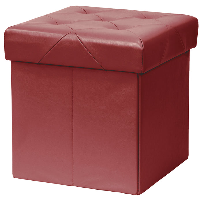 Red Co. Faux Leather Folding Cube Storage Ottoman with Padded Seat, 15" x 15" - Burgundy