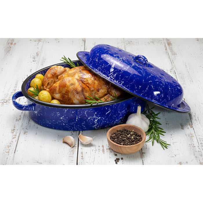 Red Co. Enamelware Metal Classic 3.6 Quart 12" Roasting Pan with Dome Lid, Navy Blue Marble/Black Rim - Splatter Design