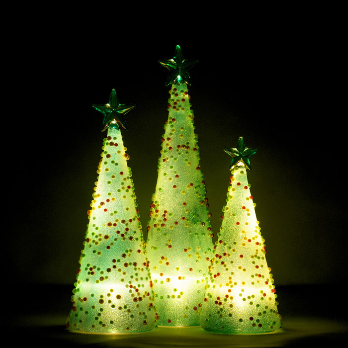 Red Co. 11”, 9.5”, and 8” Glass Christmas Tree Figurine Ornaments with LED Lights, Light-Up Holiday Season Décor – Iridescent Pearls – Set of 3 Sizes