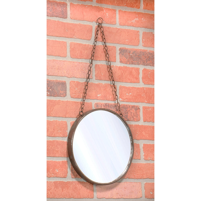 Decorative Round Hanging Wall Mirror with Chain, Country Rustic Inspired Rust Finish, 10-inch