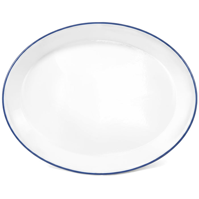 Red Co. Oven Safe Enamelware Metal Classic 16.5” Serving Oval Tray Platter, Solid White/Navy Blue Rim
