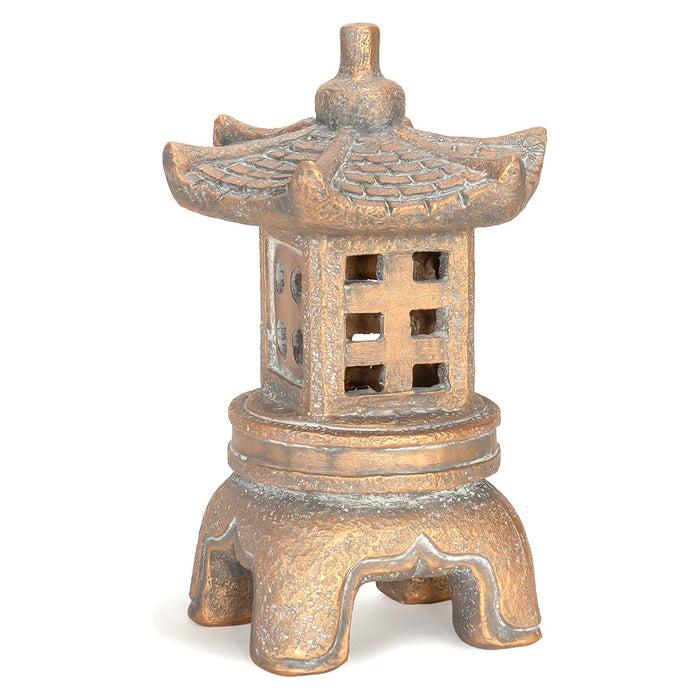 Red Co. 11” Solar-Powered LED Square Pagoda Lantern Asian Décor Zen Garden Statue, Distressed Gold