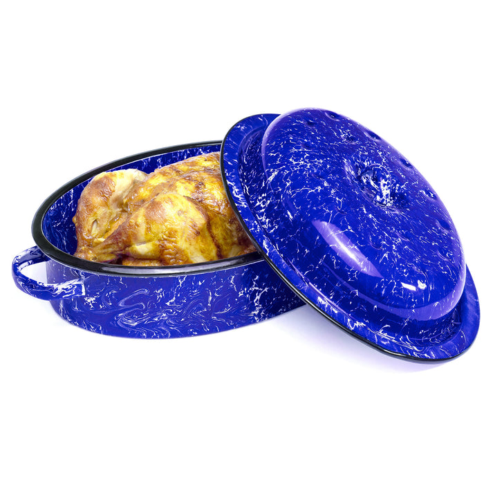 Red Co. Enamelware Metal Classic 3.6 Quart 12" Roasting Pan with Dome Lid, Navy Blue Marble/Black Rim - Splatter Design