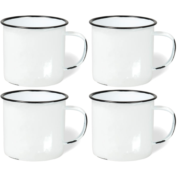 Red Co. Set of 4 Enamelware Metal Large Classic 22 Oz Round Coffee and Tea Mug with Handle, Distressed White/Black Rim