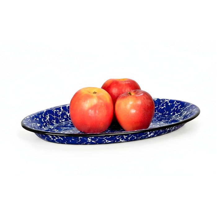 Red Co. Enamelware Metal Classic 13" Serving Oval Tray Platter, Navy Blue Marble/Black Rim - Splatter Design