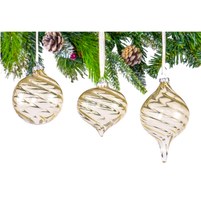Red Co. Set of 12 Assorted 3” to 5” Decorative Champagne Gold Swirl Glass Hanging Christmas Tree Ornaments - Olive, Ball & Onion