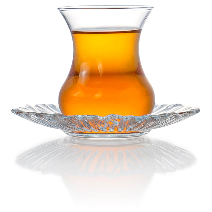 Red Co. Set of 6 Clear Glass 5.25 Fl Oz Tulip Shaped Turkish Tea Cups with Saucers