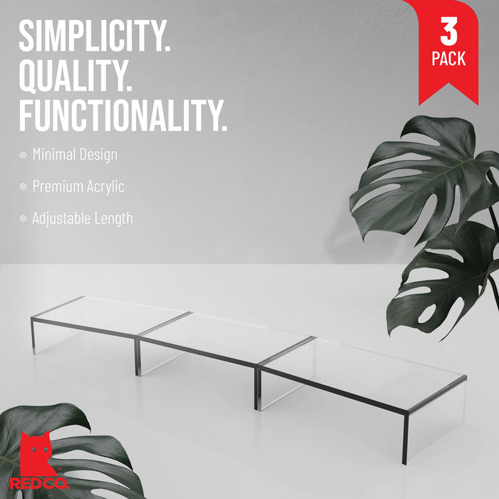Red Co. Set of 3 Modern Clear Acrylic Desktop Computer Monitor Stands with Adjustable Length & Angle, 14.7” x 9” x 4”