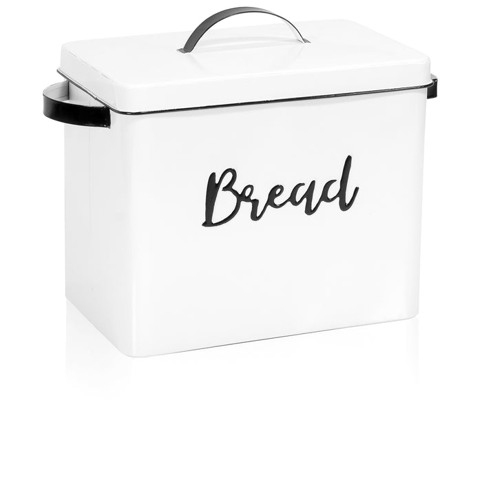 Red Co. 11” x 9.5” Distressed White Metal Bread Storage Box with Black Lettering, Lid and Handles