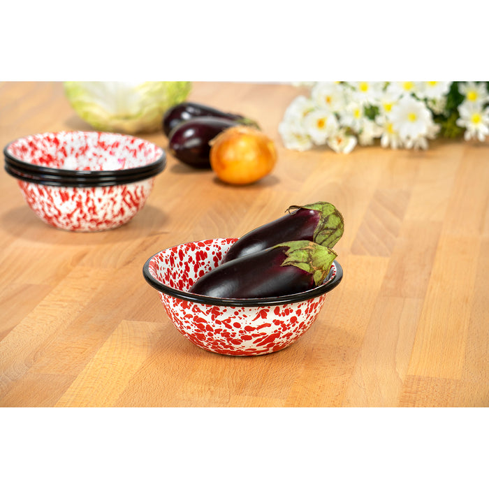 Red Co. Set of 4 Enamelware Metal Classic 20 oz Round Cereal Bowl, Red Marble/Black Rim - Splatter Design