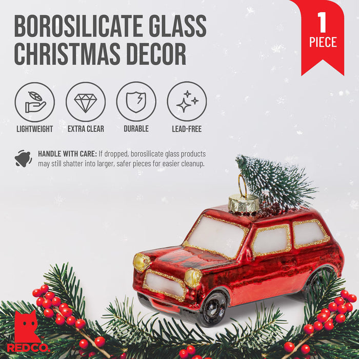 Red Co. 3” Mini Decorative Glass Christmas Tree Hanging Ornament – Glossy Red Car Hauling a Christmas Tree