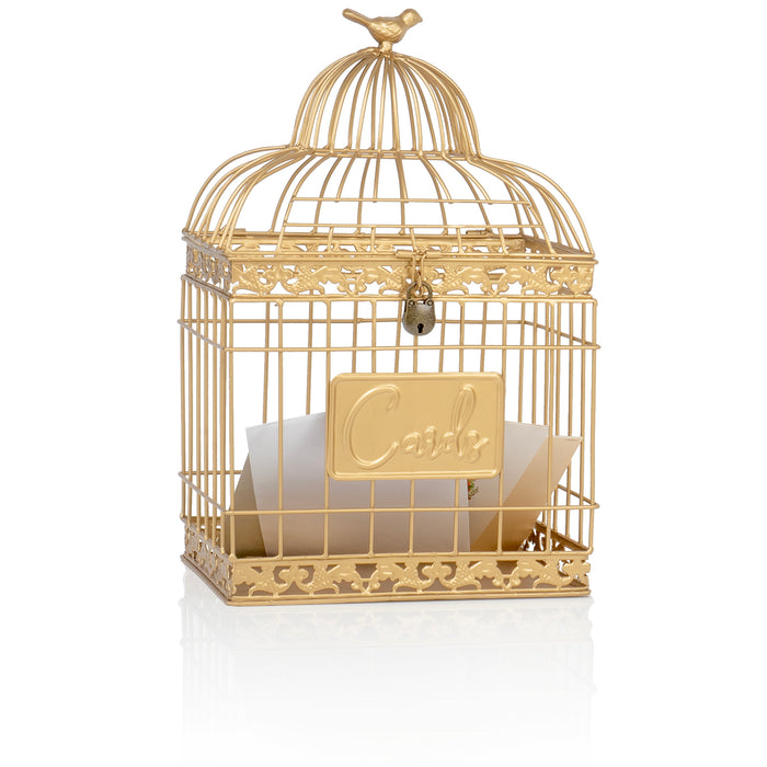 Red Co. 15.5” Tall Rectangular Decorative Lockable Metal Birdcage Wedding Card Holder, Gold