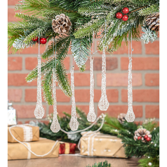 Red Co. 6” Decorative Clear Glass Icicle Drop Hanging Christmas Tree Ornaments, Set of 6