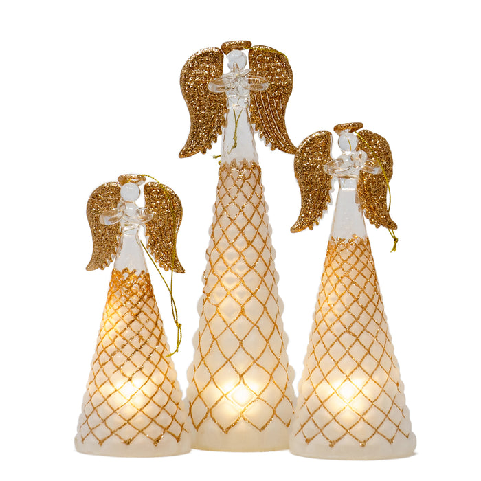 Red Co. 9.5”, 8”, and 6” Glass Christmas Holy Angel Figurine Ornaments with Star, Heart, Praying Hands, Light-Up Holiday Season Décor – Brushed White with Golden Glitter – Set of 3 Sizes