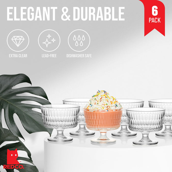 Red Co. Set of 6 Clear Glass 8 Fl Oz Footed Dessert Bowl Cups for Ice Cream, Parfait, Fruit Salad, or Pudding