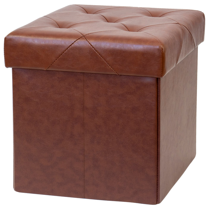 Red Co. Faux Leather Folding Cube Storage Ottoman with Padded Seat, 15" x 15" - Chocolate Brown