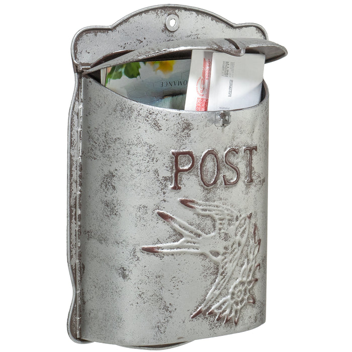 Red Co. 10.25” x 14” Rustic Galvanized Metal Wall-Mounted Bird Post Mailbox, Distressed Gray