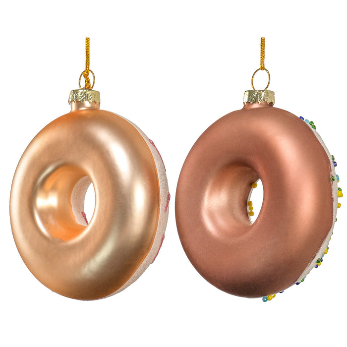 Red Co. Set of 4 Assorted Donuts 3.5” Small Decorative Glass Hanging Christmas Tree Ornaments