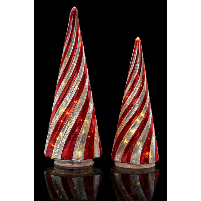 Red Co. Set of 2 (12.5” and 10”) Glass Light-Up Decorative Tabletop Christmas Tree Holiday Figurine with LED Lights, Festive Red & Silver Swirls