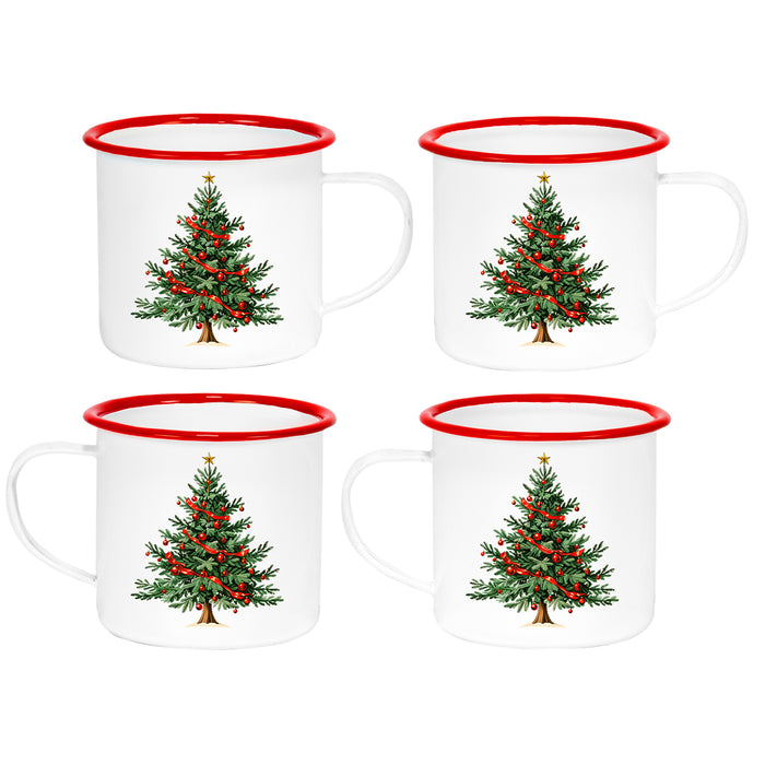 Red Co. Set of 4 Enamelware Metal Medium 12 Fl Oz Coffee Mug with Handle, Solid White/Red Rim – Christmas Tree