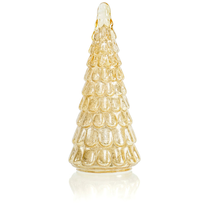 Red Co. 9.75” Light-Up Mercury Glass Christmas Tree Tabletop Display Figurine with LED Lights, Champagne Yellow