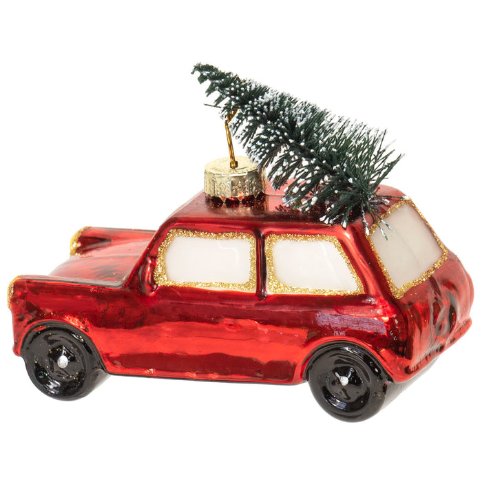 Red Co. 3” Mini Decorative Glass Christmas Tree Hanging Ornament – Glossy Red Car Hauling a Christmas Tree