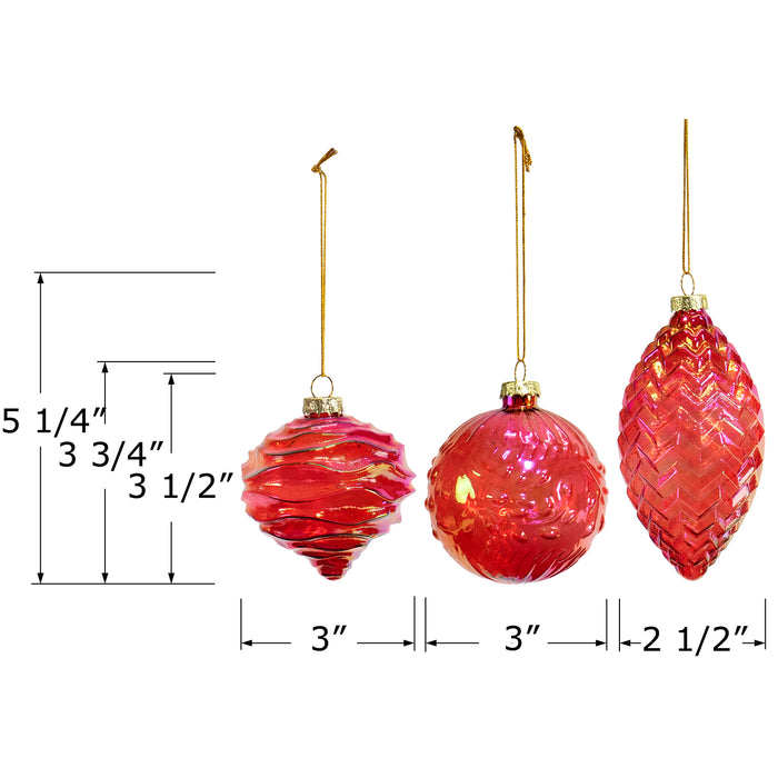 Red Co. 3" Dia Decorative Glass Hanging Christmas Tree Ornaments Set of 3 – Iridescent Red Olive, Ball & Onion