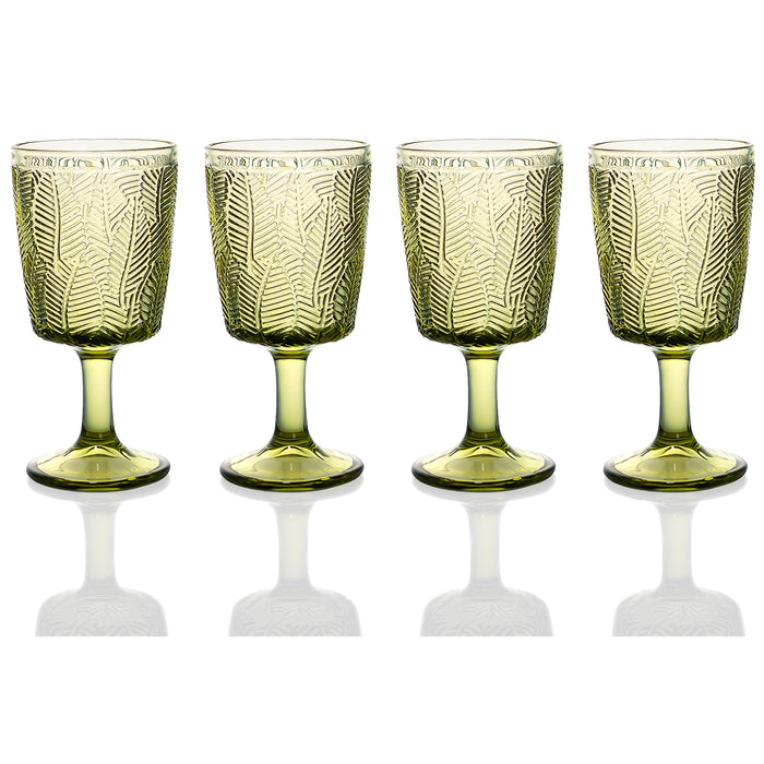 Red Co. Set of 4 Vintage Botanist 10 Fl Oz Leaves Embossed Glass Water Goblets in Solid Green