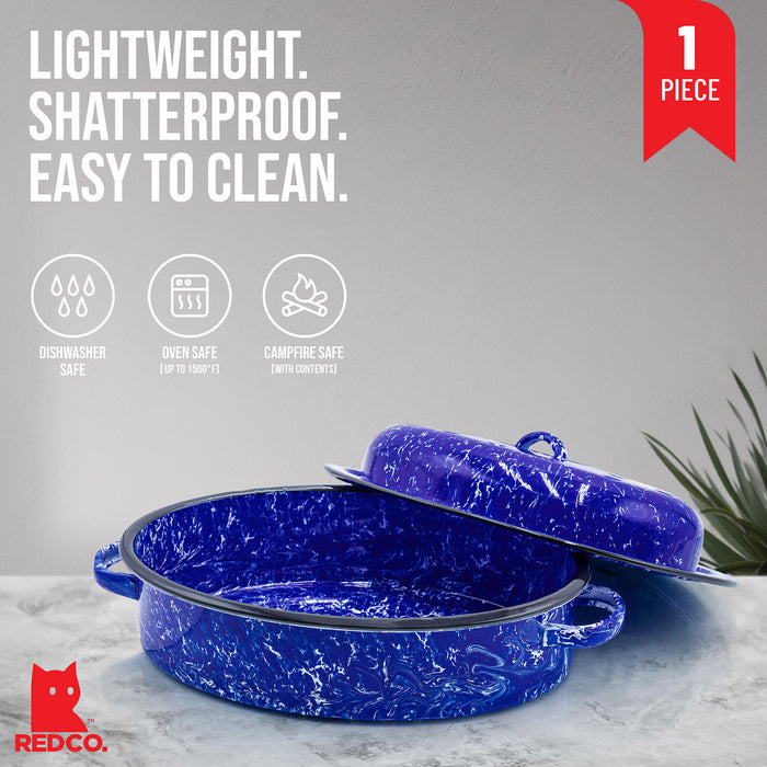 Red Co. Enamelware Metal Classic 3.6 Quart 12" Roasting Pan with Dome Lid, Navy Blue Marble/Black Rim - Splatter Design