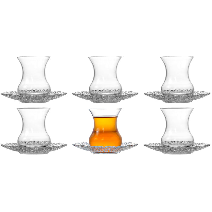 Red Co. Set of 6 Clear Glass 5.25 Fl Oz Tulip Shaped Turkish Tea Cups with Saucers