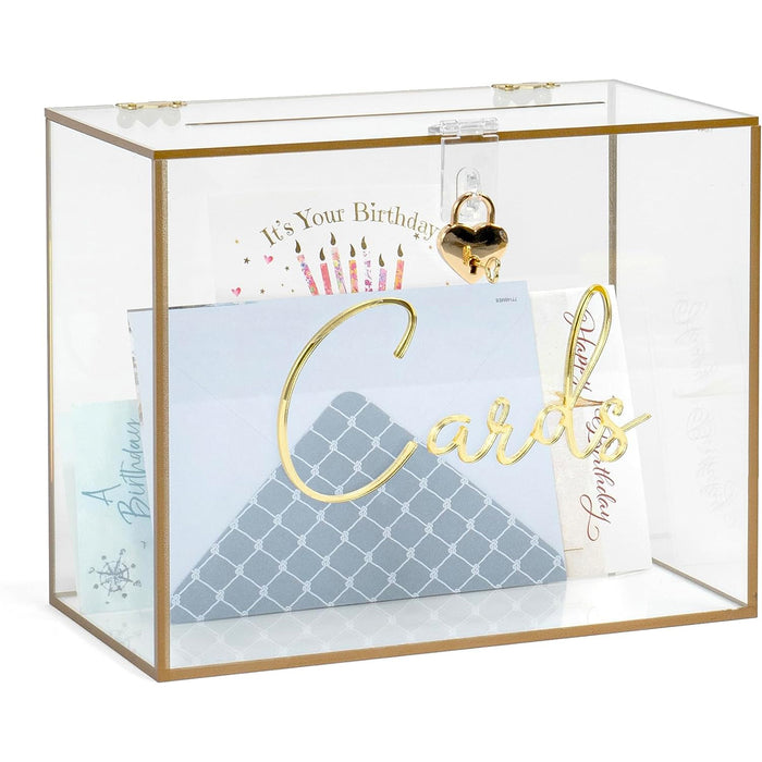 Red Co. 10.5” x 8.5” Clear Acrylic Decorative Box with Golden Cards Lettering, Frame, and Lock