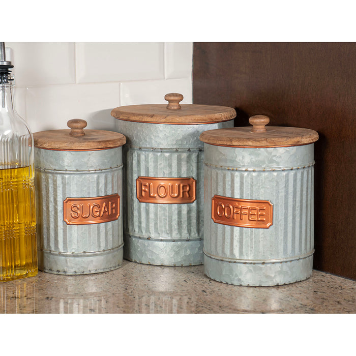 Red Co. Set of 3 Sizes Flour, Coffee, Sugar Corrugated Storage Canister Jars with Lids, Distressed Metal & Wood