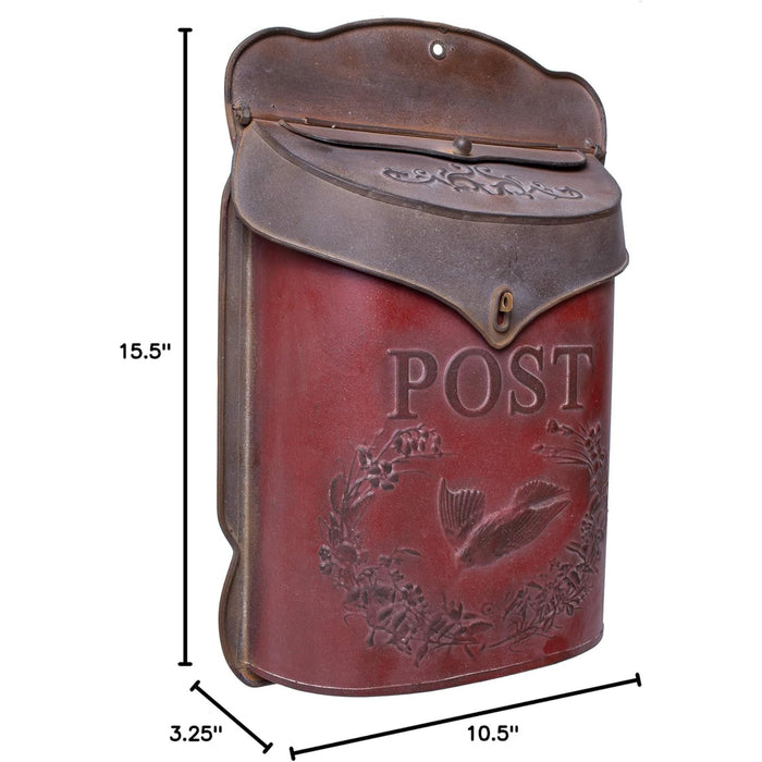 Red Co. 10.5” x 15.5” Shabby Chic Wall-Mounted Post Embossed Aged Metal Mailbox, Rusted Red
