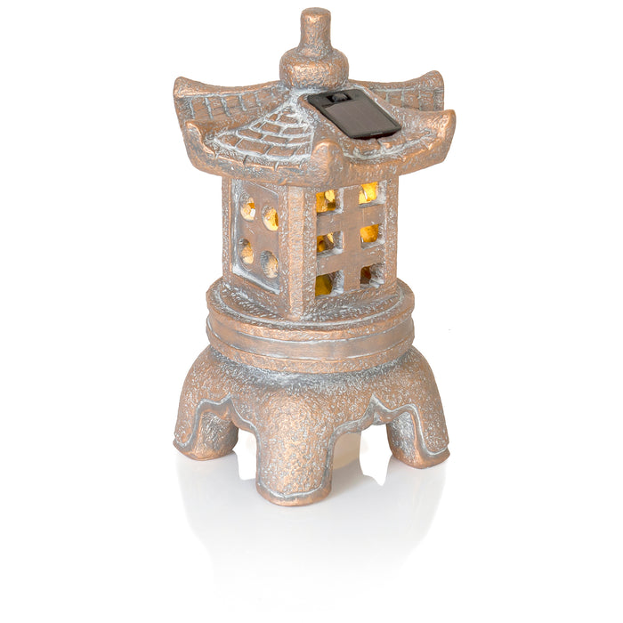 Red Co. 11” Solar-Powered LED Square Pagoda Lantern Asian Décor Zen Garden Statue, Distressed Gold