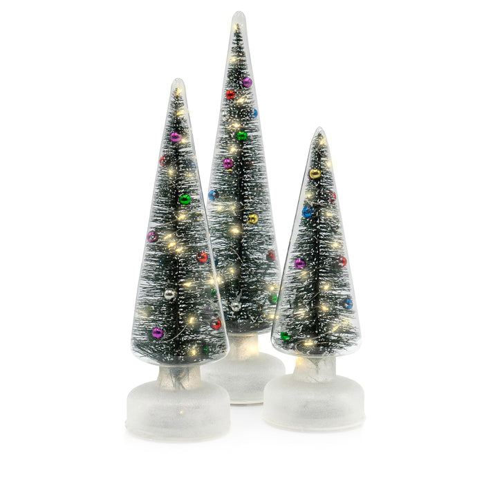 Red Co. Set of 3 (14”, 12”, 10”) Clear Glass Light-Up Decorative Tabletop Christmas Tree Holiday Figurine with LED Lights, Tinsel & Ornaments