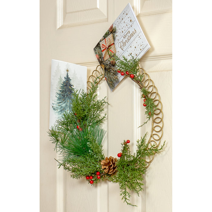 Red Co. 13.5” Decorative Golden Metal Spiral Christmas Card Holder Wreath with Evergreen Pine and Red Berries