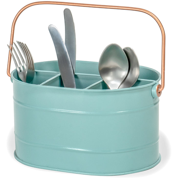 Red Co. 10" x 7" Enameled Metal Utensil Caddy & Countertop Flatware Organizer with Handle, Teal Blue/Rose Gold