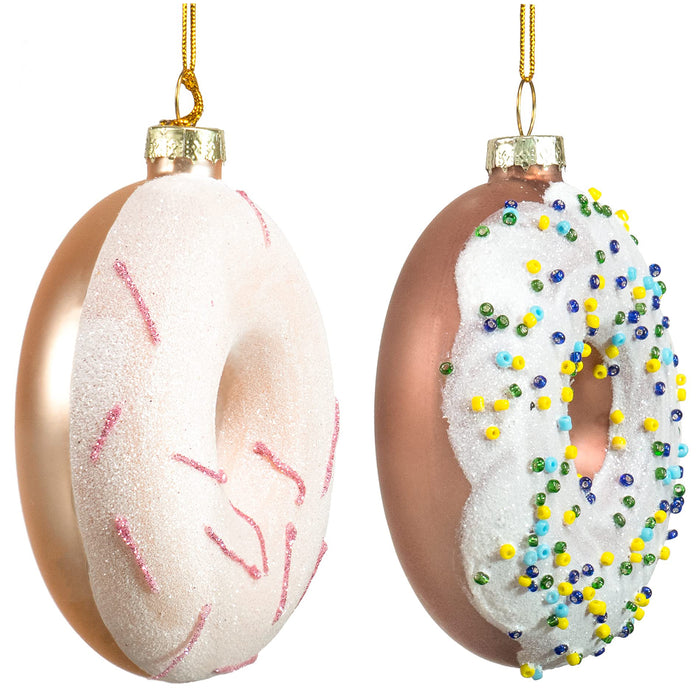 Red Co. Set of 4 Assorted Donuts 3.5” Small Decorative Glass Hanging Christmas Tree Ornaments
