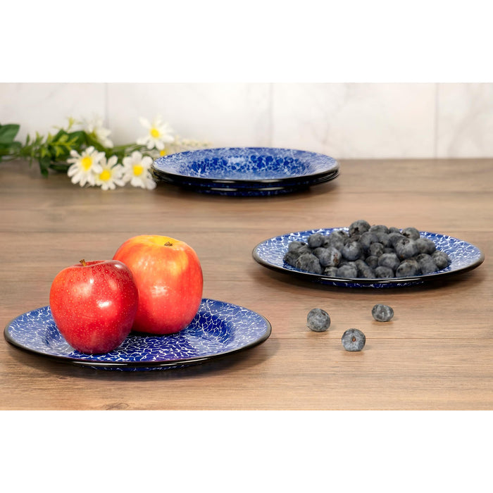 Red Co. Set of 4 Enamelware Metal Classic 8" Round Salad Plate, Navy Blue Marble/Black Rim - Splatter Design
