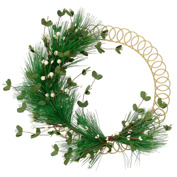 Red Co. 13.5” Decorative Golden Metal Spiral Christmas Card Holder Wreath with Evergreen Pine and White Berries