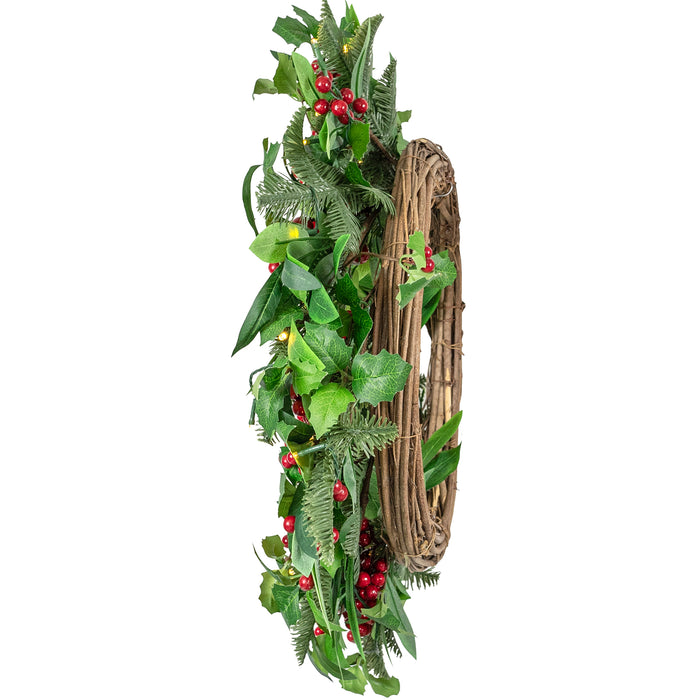 Red Co. 26” Decorative Artificial Light-Up Christmas Holly Wreath with Red Berries, Battery-Operated LED Lights with Timer