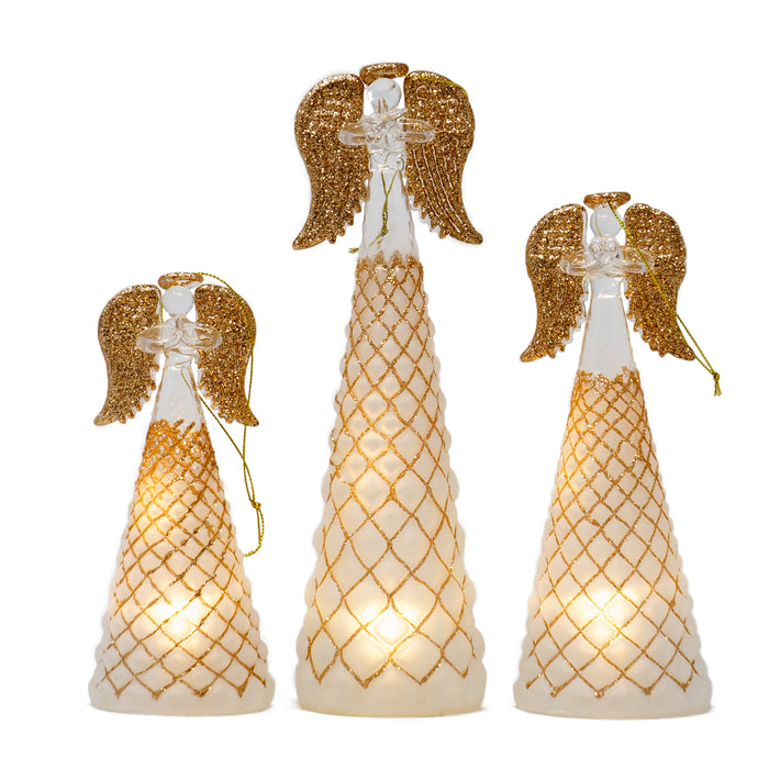 Red Co. 9.5”, 8”, and 6” Glass Christmas Holy Angel Figurine Ornaments with Star, Heart, Praying Hands, Light-Up Holiday Season Décor – Brushed White with Golden Glitter – Set of 3 Sizes